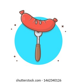 Sausge on Fork Vector Illustration. Barbecue Logo. BBQ Time. Restaurant. Menu. Food. Sausage Icon. Flat Cartoon Style Suitable for Web Landing Page, Banner, Flyer, Sticker, Wallpaper, Card, Background