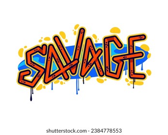 Salvaje, graffiti de arte callejero y letras de estilo urbano con pintura en la pared, arte vectorial. Graffiti palabra Savage en letras geométricas y pintura azul roja goteo y salpicar manchas en la pared