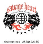 savage heart grunge slogan with angry black dogs graphic vector illustration 