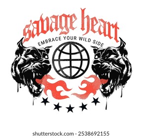 savage heart grunge slogan with angry black dogs graphic vector illustration 