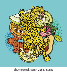 Savage Leopard. Vector illustration of leopard with tropical leaves.