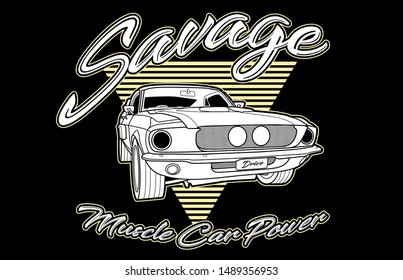 Savage Muscle Car Power vintage in black background and a triangle Design .This design is suitable for old style or classic car garage, shops, repair. Also for car tshirts, stamps and hot rods things