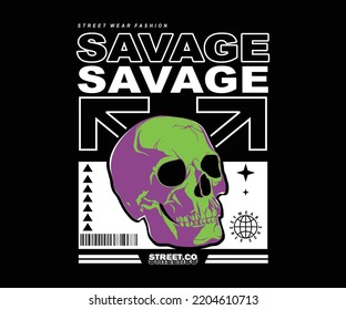 savage skull aesthetic graphic design for creative clothing, streetwear and urban style t-shirts design, ready to print