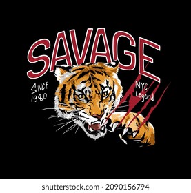 savage slogan with tiger face and claw mark vector illustration on black background