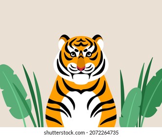 Savage tiger with tropical leaves. Vector illustration. Chinese New year 2022 symbol. Indian or african wild cat cartoon poster.