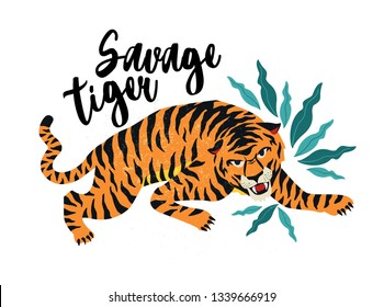 Savage Tiger. Vektorgrafik des Tigers mit tropischen Blättern. Trendy Design für Karte, Plakat, T-Shirt und andere Verwendung.