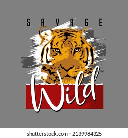 savage typography graphic design with head tiger, for t-shirt prints, vector illustration
