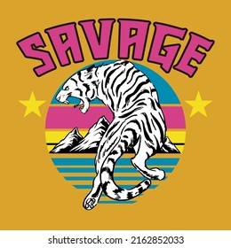 Savage White tiger und Berge, farbenfrohe und gelbe Stars Vector T-Shirt Fashion Design