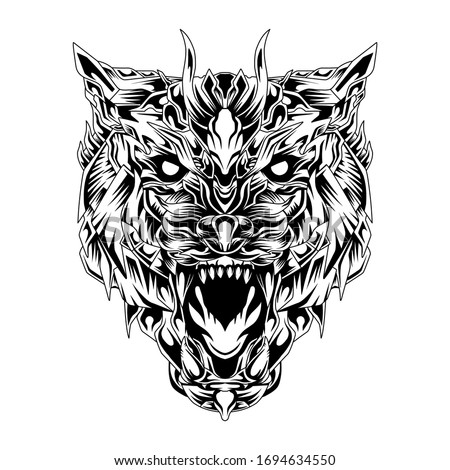 Savage wolf warrior line art vector illustration
