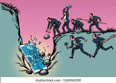 Savages businessmen kill a smartphone. Politics and censorship. People against technological progress. Pop art retro vector illustration kitsch vintage