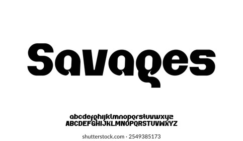 Savages, moderne Schriftarten mit minimalem abstraktem Alphabet. Typografie-Technologie, elektronisch, Film, digital, Musik, Zukunft, Logo kreative Schriftart. Vektorgrafik
