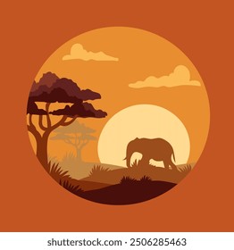 savana illustration with elephant and sun