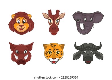 
Savanna Animals. Cartoon heads in isolated white background.
