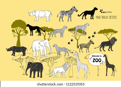 Savanna animals. Hand drawn vector trees, lion, cheetah, zebra and safari park. Vector Illustration
