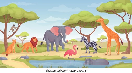 Savanna animals landscape. Tropical african animal on grassland savannah, jungle fauna panoramic scene at pond wild africa or zoo safari environment, ingenious vector illustration