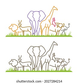 Savanna animals line art composition for wild animals or zoo symbol or logo, vector illustration. Elephant, lion, antilope, buffalo, ostrich