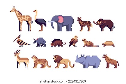 Savanna Animals pixel art set. Safari wildlife collection. 8 bit. Game development, mobile app.  Isolated vector illustration.