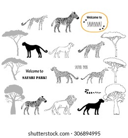 Savanna animals set. Hand drawn vector trees, lion, cheetah, zebra and safari park. Vector Illustration