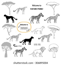 Savanna animals set. Hand drawn vector trees, lion, cheetah, zebra and safari park. Vector Illustration