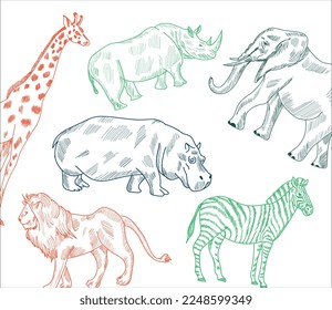 Savanna animals sketch pattern design. Hand drawing suitable for printing. Rhino,Giraffe,Hippo,Elephant,Lion,Zebra