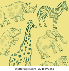 Savanna animals sketch pattern design. Hand drawing suitable for printing. Rhino,Giraffe,Hippo,Elephant,Lion,Zebra