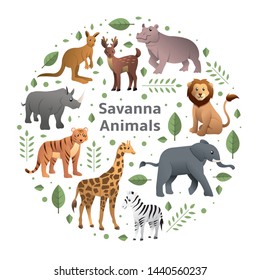 Savanna animals vector set. Wild animals cartoon collection, Jungle and African beast images. Vector illustration of African animals, Elephant, Giraffe, Zebra, Lion, isolated on transparent background