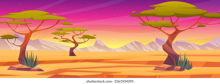 Savanna cartoon background. Desert in Africa. Wild field. African prairie landscape. Sunset sky. Shrub and baobab tree. Sand wilderness. Mountain stones. Panorama of wild nature. Vector adventure park