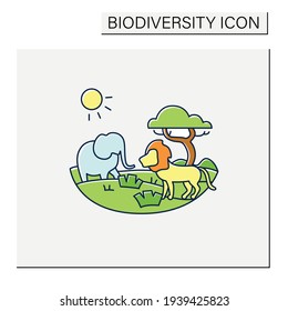 Icono de color de sabana. Lugar de vida para depredadores poderosos. Bioma de pastizales. Lugar peligroso. León, elefante, tigre. Concepto de biodiversidad. Ilustración vectorial aislada