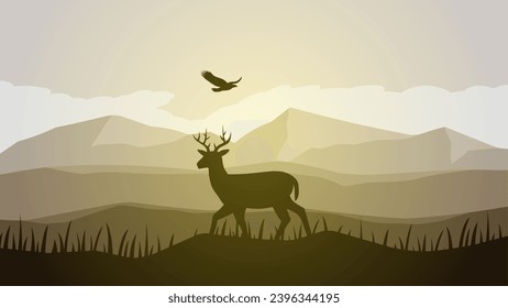 Savanna deer landscape vector illustration. Scenery of deer silhouette and eagle in the morning with cloudy sky. Deer wildlife panorama for illustration, background or wallpaper