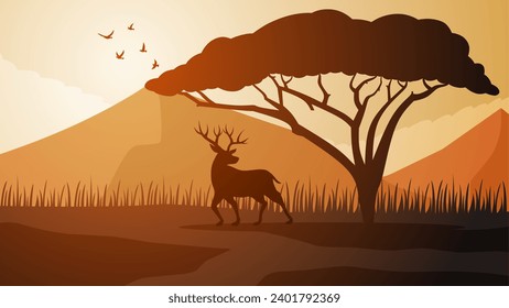 Savanna deer landscape vector illustration. Scenery of deer silhouette and african tree with sunset sky