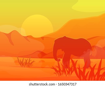 Savanna elephant in Africa travel monochrome vector illutration. Wild deserted savanna with silhoette of elephant on mountains landscape backdrop for extreme adventure travelling in wild africa.