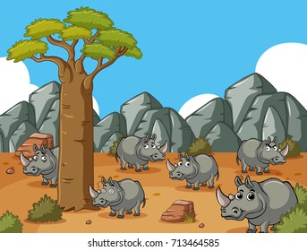 Savanna field with many rhinos illustration