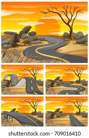 Savanna field at sunset with empty roads illustration