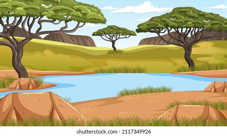 Savanna forest landscape with river and trees illustration