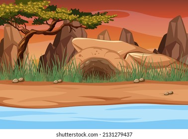 Savanna forest with river and cave illustration