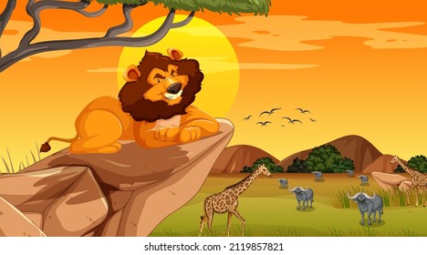 Savanna forest scene with wild animals illustration