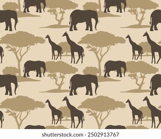 Savanne mit Giraffe und Elefant nahtloses Muster. Afrikanische Safari, repetitive Illustration. Die Wildtiere Afrikas. Wildes Tier Silhouette Hintergrund. Einfache elegante Tapete Kunst.