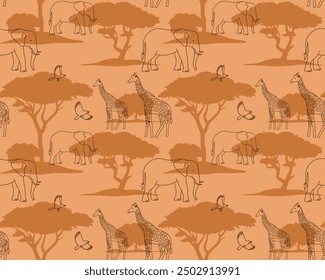 Savanne mit Giraffe und Elefant nahtloses Muster. Afrikanische Safari, repetitive Illustration. Die Wildtiere Afrikas. Umriss und Silhouette orangefarbenen Hintergrund. Einfache elegante Tapete Kunst.