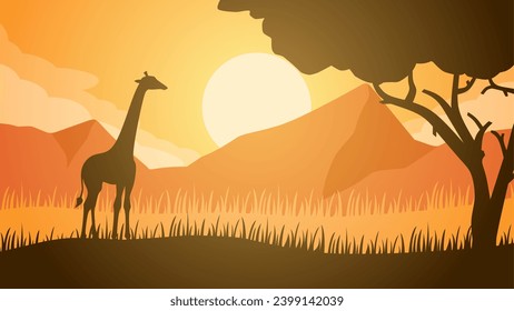 Ilustración vectorial del paisaje de la jirafa sabana. Escenario de silueta de jirafa y árbol africano con cielo atardecer. Panorama de la fauna silvestre de jirafa para ilustración, fondo o fondo