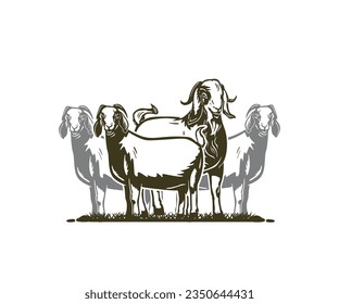 SAVANNA GOATS COUPLE LOGO, silhouette of great rams standing in farm vector illustrations.