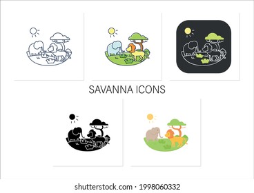 Juego de iconos de Savanna. Lugar de vida para depredadores poderosos. Bioma de pastizales. Lugar peligroso. León, elefante, tigre.Colección de iconos en estilos de color lineales, rellenos.Iconos vectoriales aislados