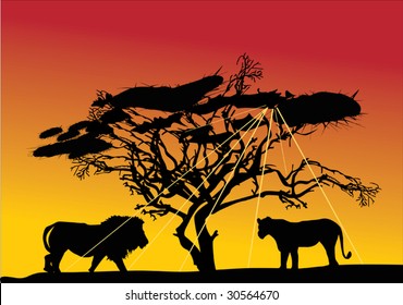 savanna illustration with lions and sunset