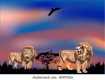 savanna illustration with lions and sunset