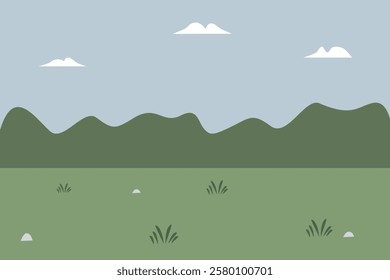 Savanna illustration. Wildlife place. Cartoon landscape. Fable background. Children book background. Grass. Bushes. Hillside scape. Filed landscape.