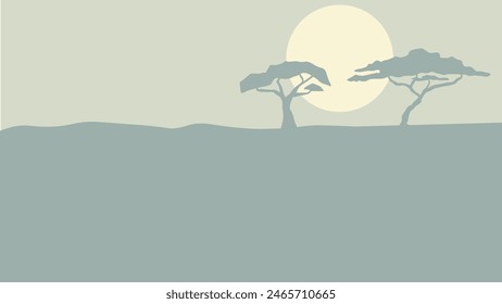 savanna in Kenya, Africa with acacia and sunset vector illustration