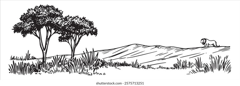 savanna landscape with acacia trees and a lion in black outline