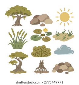 Savanna landscape elements with acacia trees, rocks, lotus pond, and dry grass flat illustration.