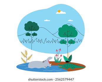 Savanna landscape, a hippopotamus opening its mouth in the water and a crocodile on the river bank, there are some trees, bushes and flowers, ecosystem vector illustration.