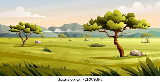 Savanna landscape illustration. Landscape of the African savanna in cartoon style