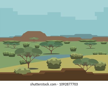 savanna landscape with lake and low mountains, vector background 